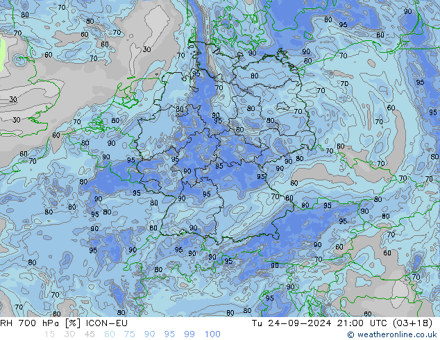 RH 700 hPa ICON-EU Tu 24.09.2024 21 UTC