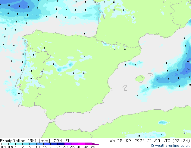 Precipitation (6h) ICON-EU We 25.09.2024 03 UTC