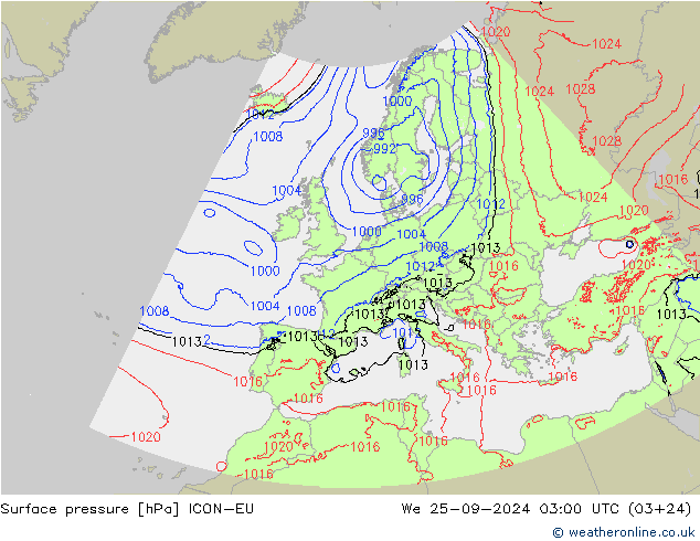 Presión superficial ICON-EU mié 25.09.2024 03 UTC