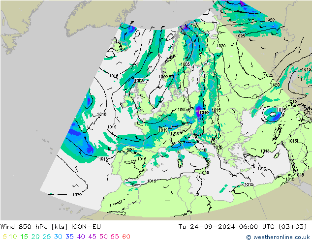 ветер 850 гПа ICON-EU вт 24.09.2024 06 UTC