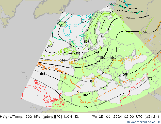 Yükseklik/Sıc. 500 hPa ICON-EU Çar 25.09.2024 03 UTC