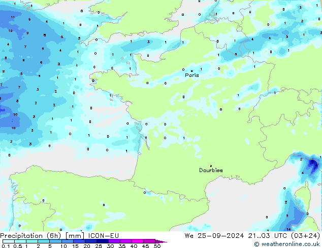 осадки (6h) ICON-EU ср 25.09.2024 03 UTC