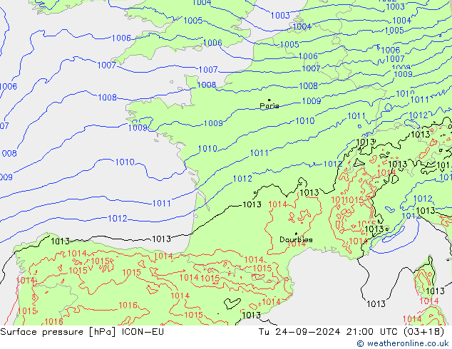 pressão do solo ICON-EU Ter 24.09.2024 21 UTC