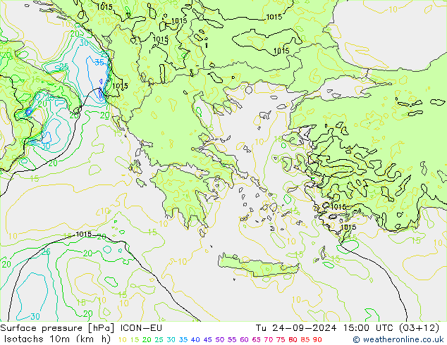 Isotachs (kph) ICON-EU Út 24.09.2024 15 UTC