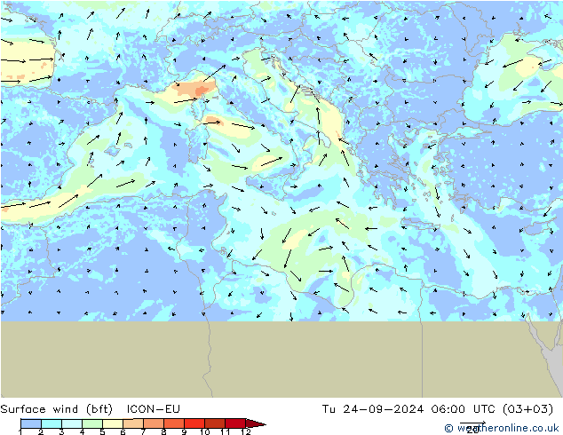 Surface wind (bft) ICON-EU Tu 24.09.2024 06 UTC