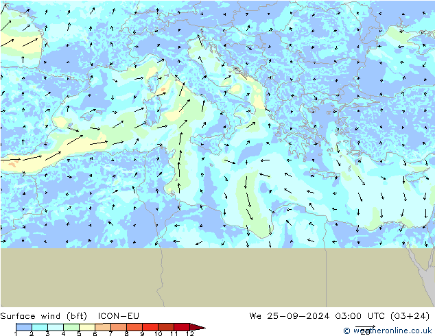 Vento 10 m (bft) ICON-EU Qua 25.09.2024 03 UTC