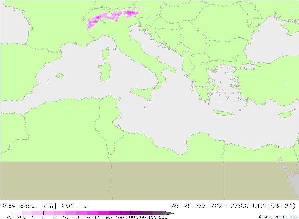 Snow accu. ICON-EU We 25.09.2024 03 UTC