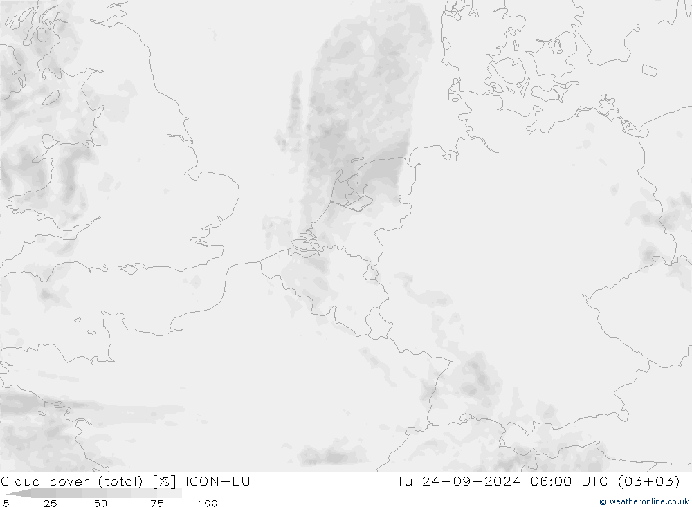 Cloud cover (total) ICON-EU Tu 24.09.2024 06 UTC