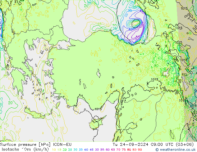 Isotachs (kph) ICON-EU mar 24.09.2024 09 UTC