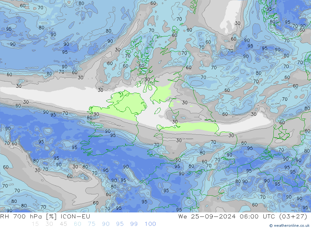 RH 700 hPa ICON-EU śro. 25.09.2024 06 UTC