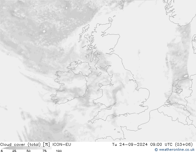 Cloud cover (total) ICON-EU Tu 24.09.2024 09 UTC