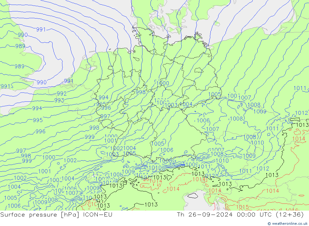 Surface pressure ICON-EU Th 26.09.2024 00 UTC