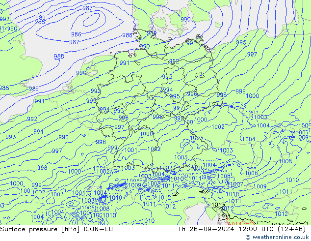 Surface pressure ICON-EU Th 26.09.2024 12 UTC