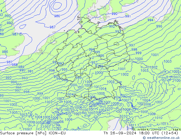 Atmosférický tlak ICON-EU Čt 26.09.2024 18 UTC