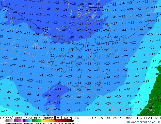 Height/Temp. 500 hPa ICON-EU  28.09.2024 18 UTC