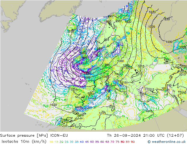 Isotachen (km/h) ICON-EU do 26.09.2024 21 UTC