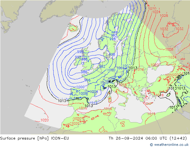 Surface pressure ICON-EU Th 26.09.2024 06 UTC