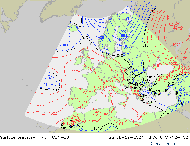 Surface pressure ICON-EU Sa 28.09.2024 18 UTC