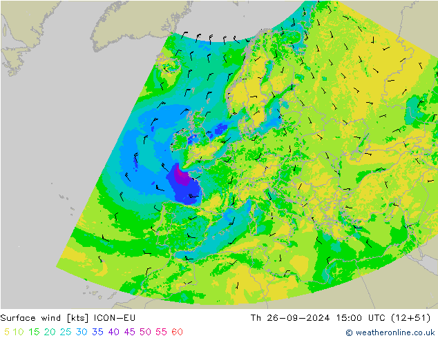 Viento 10 m ICON-EU jue 26.09.2024 15 UTC