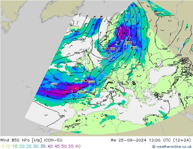 Vento 850 hPa ICON-EU Qua 25.09.2024 12 UTC