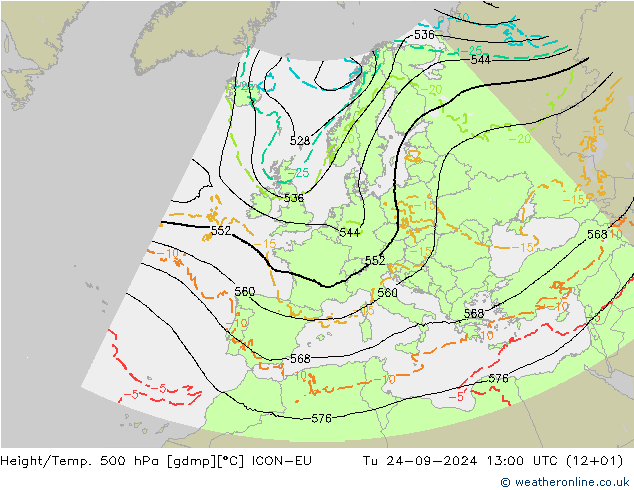 Height/Temp. 500 hPa ICON-EU wto. 24.09.2024 13 UTC