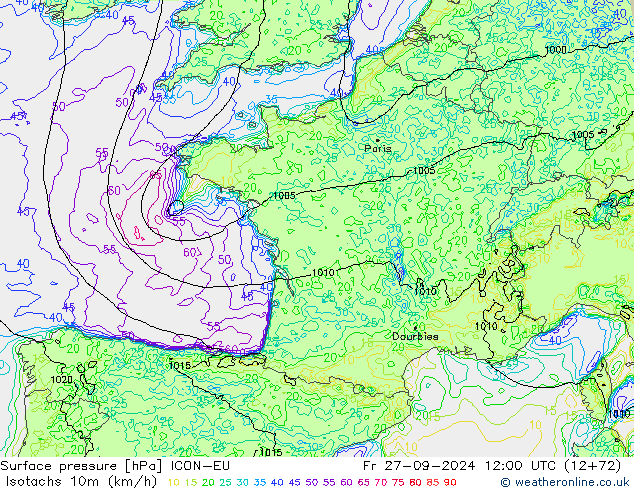 Isotachs (kph) ICON-EU  27.09.2024 12 UTC