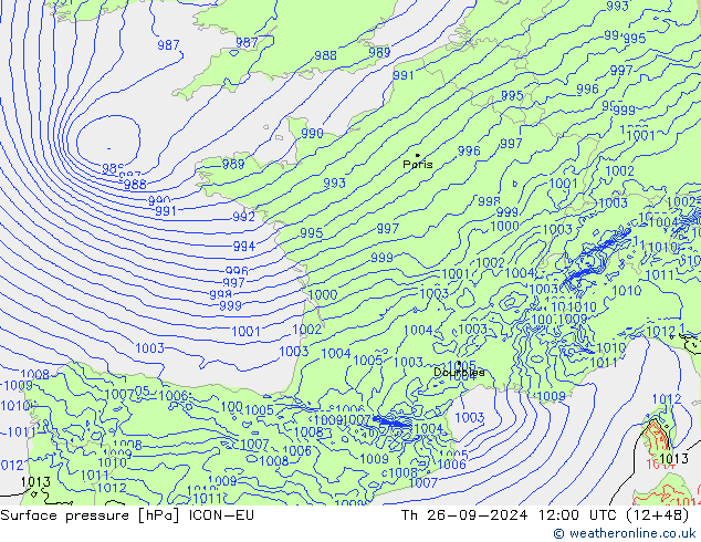 Surface pressure ICON-EU Th 26.09.2024 12 UTC