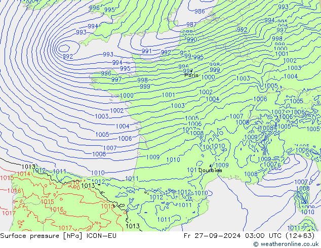 Surface pressure ICON-EU Fr 27.09.2024 03 UTC