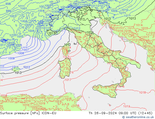 Pressione al suolo ICON-EU gio 26.09.2024 09 UTC