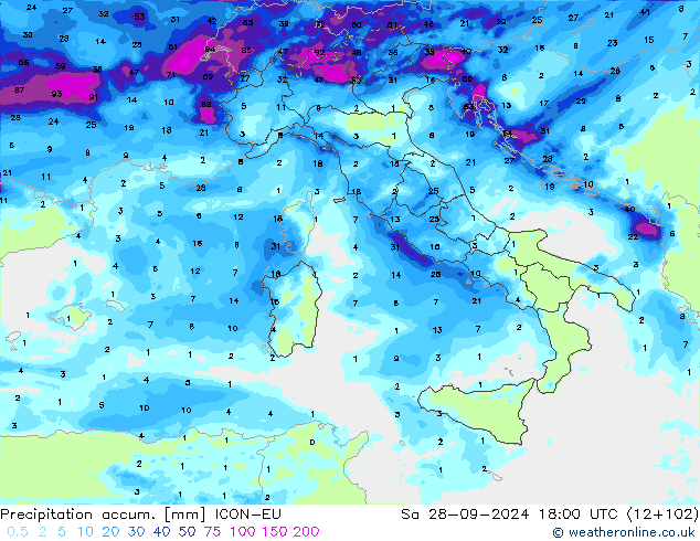 Précipitation accum. ICON-EU sam 28.09.2024 18 UTC