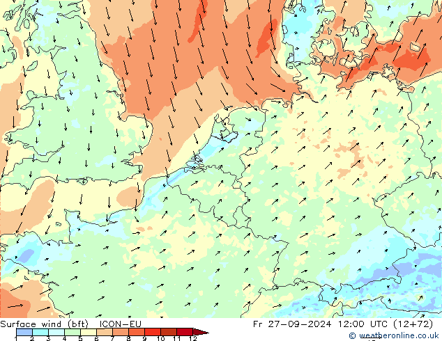 ве�Bе�@ 10 m (bft) ICON-EU пт 27.09.2024 12 UTC