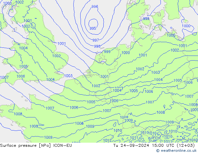 Surface pressure ICON-EU Tu 24.09.2024 15 UTC