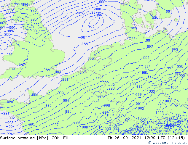 Surface pressure ICON-EU Th 26.09.2024 12 UTC