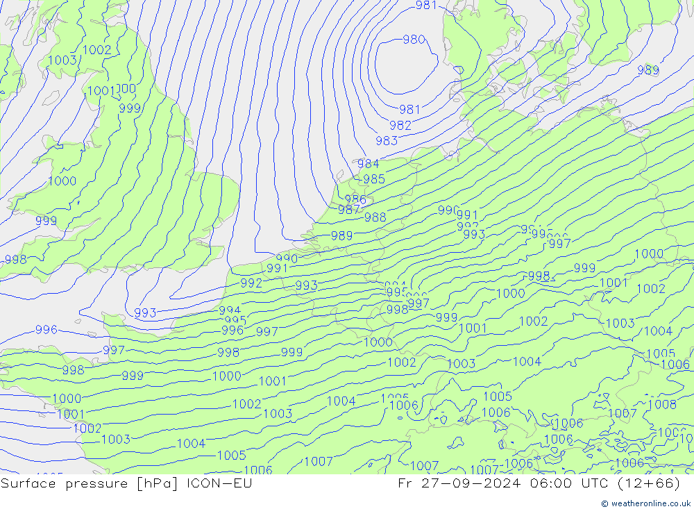 Atmosférický tlak ICON-EU Pá 27.09.2024 06 UTC