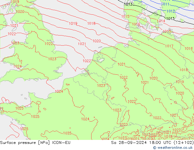 Surface pressure ICON-EU Sa 28.09.2024 18 UTC