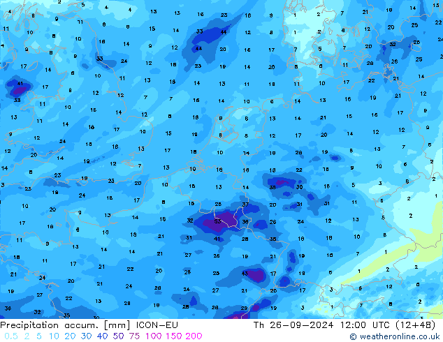 Precipitation accum. ICON-EU 星期四 26.09.2024 12 UTC