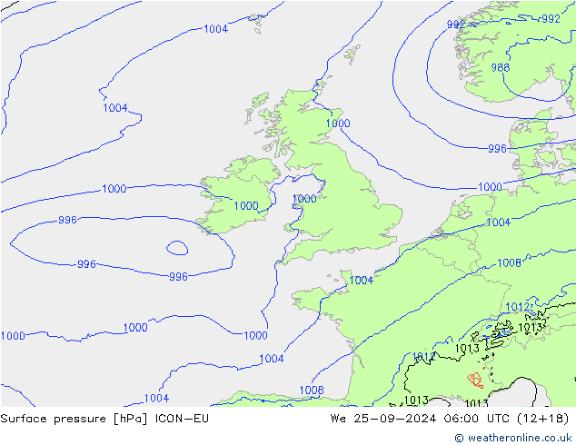 Presión superficial ICON-EU mié 25.09.2024 06 UTC