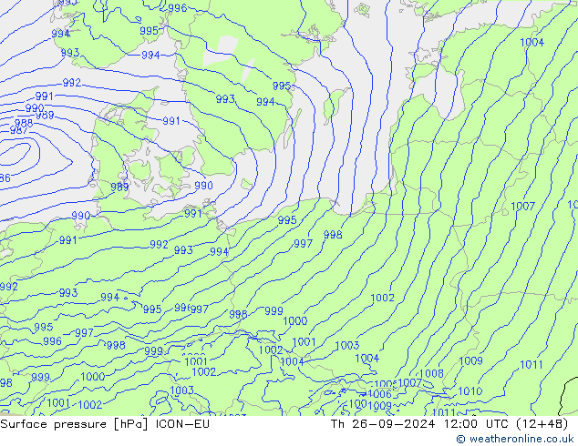 Surface pressure ICON-EU Th 26.09.2024 12 UTC