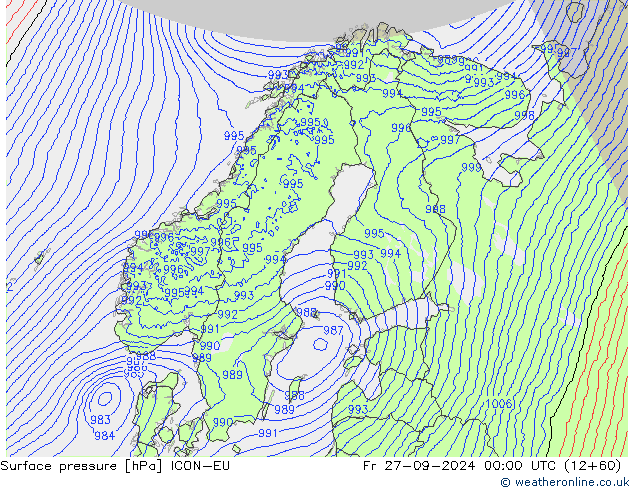 Surface pressure ICON-EU Fr 27.09.2024 00 UTC