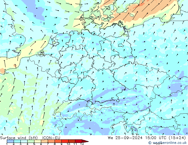 Vent 10 m (bft) ICON-EU mer 25.09.2024 15 UTC