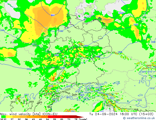 Max. wind velocity ICON-EU Tu 24.09.2024 18 UTC