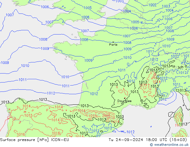 Presión superficial ICON-EU mar 24.09.2024 18 UTC