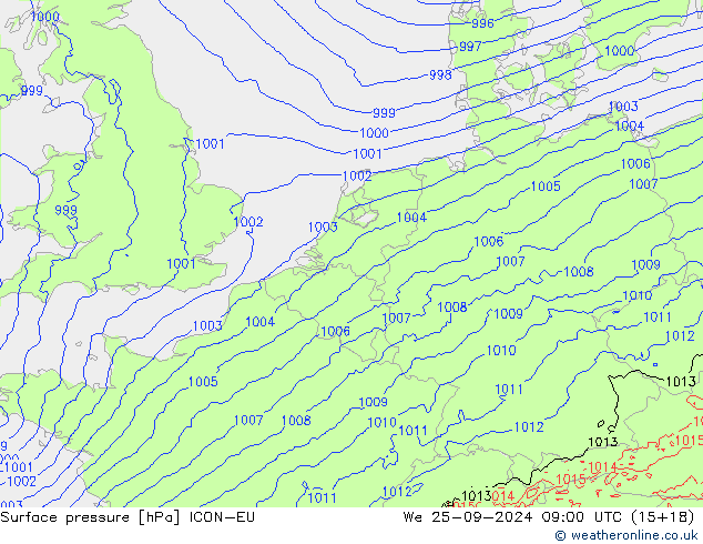 Atmosférický tlak ICON-EU St 25.09.2024 09 UTC