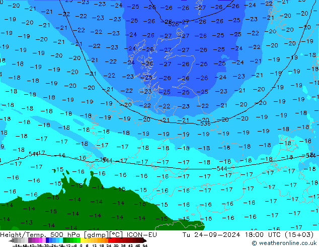 Height/Temp. 500 hPa ICON-EU wto. 24.09.2024 18 UTC