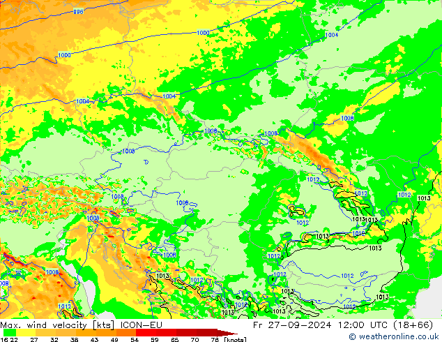 Maks. Rüzgar Hızı ICON-EU Cu 27.09.2024 12 UTC