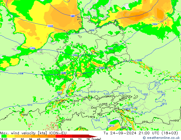 Max. wind velocity ICON-EU Tu 24.09.2024 21 UTC