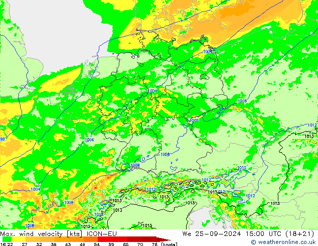 Max. wind snelheid ICON-EU wo 25.09.2024 15 UTC