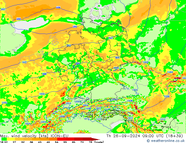 Max. wind velocity ICON-EU gio 26.09.2024 09 UTC