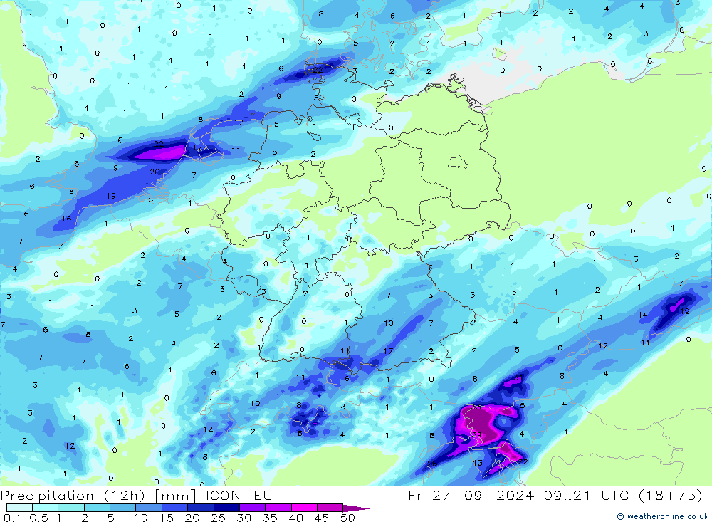 Yağış (12h) ICON-EU Cu 27.09.2024 21 UTC