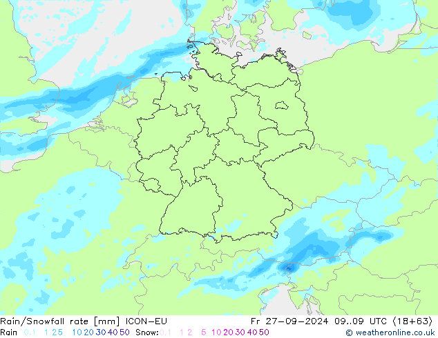 Rain/Snowfall rate ICON-EU Fr 27.09.2024 09 UTC